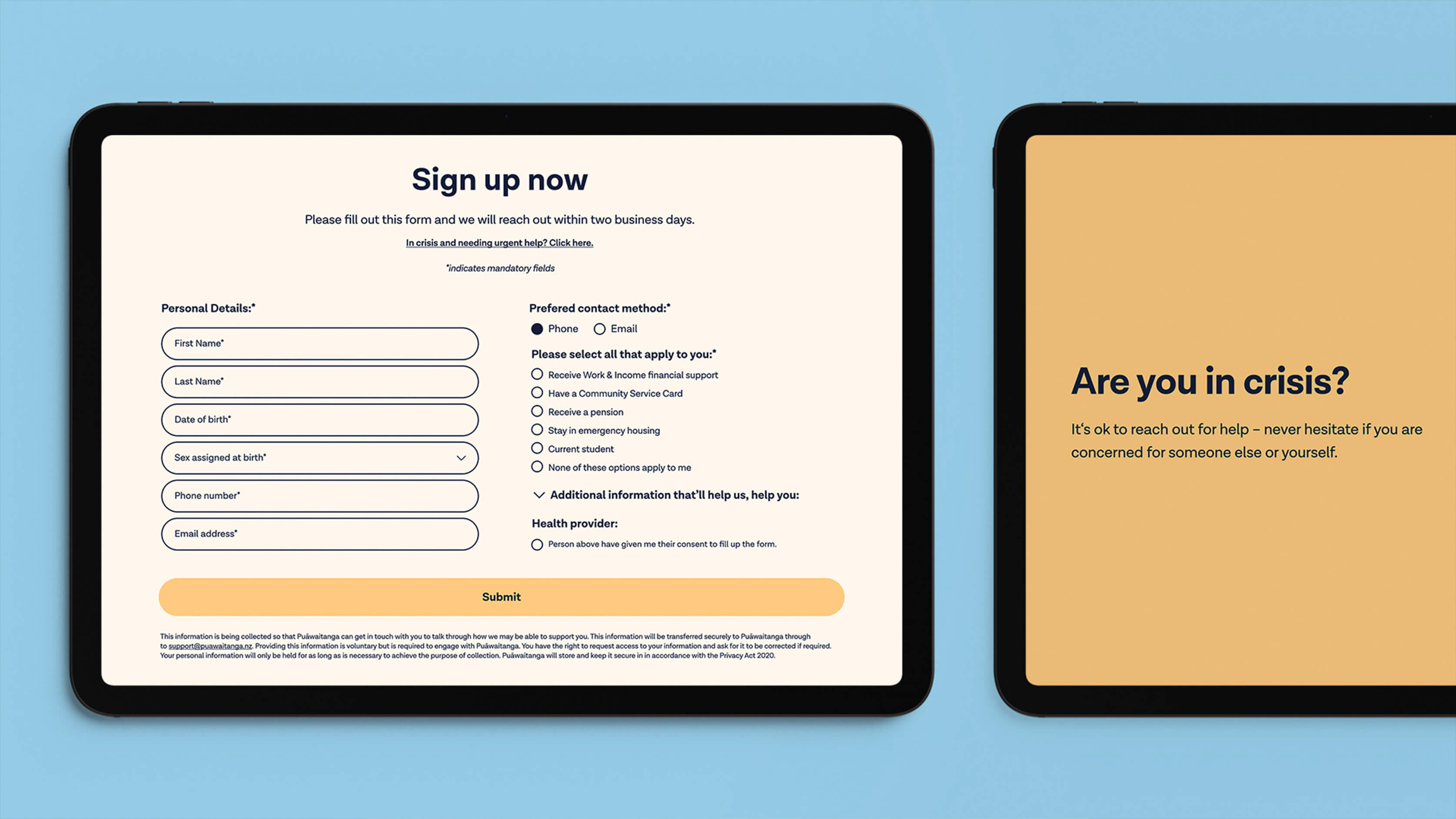 Sign up page