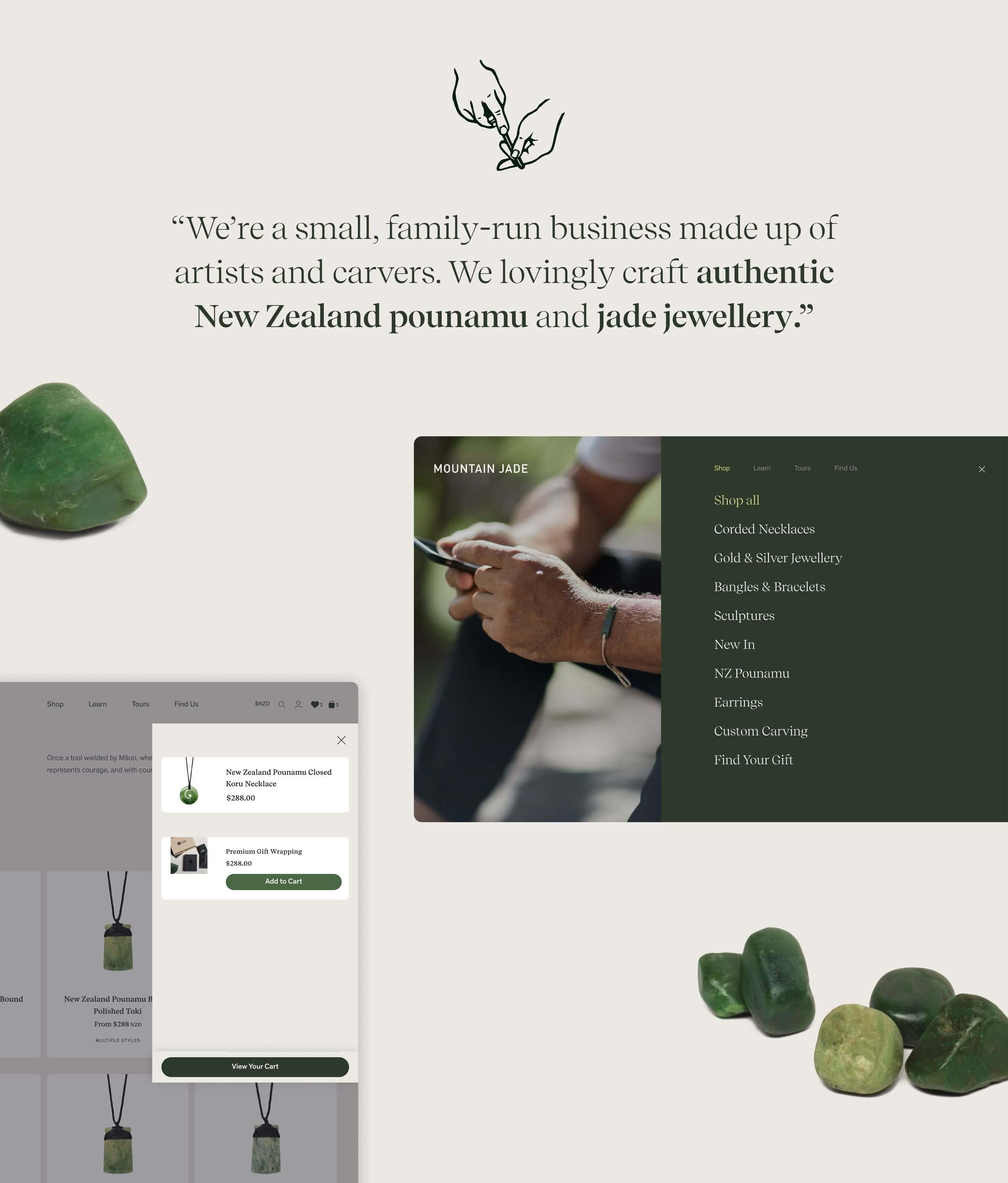 Elements of website, quote, jade stones