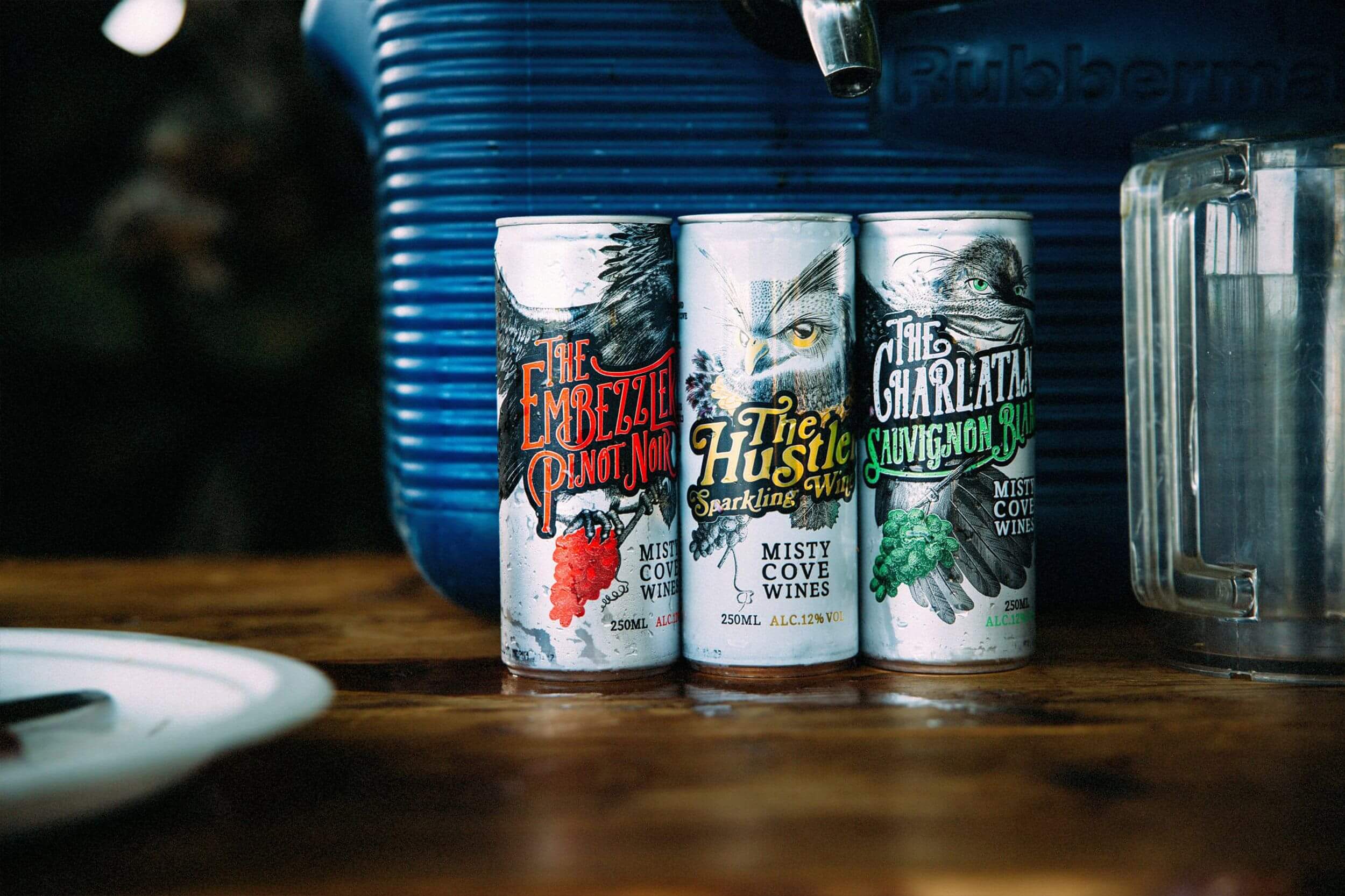 Cans on a wooden table